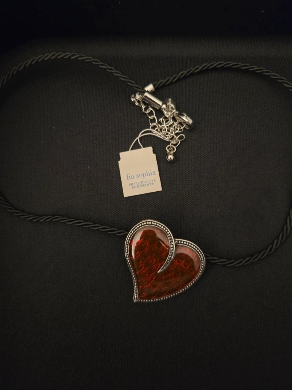 Lia Sophia Red Enamel Heart Pendant Black Cord Burning Love Necklace